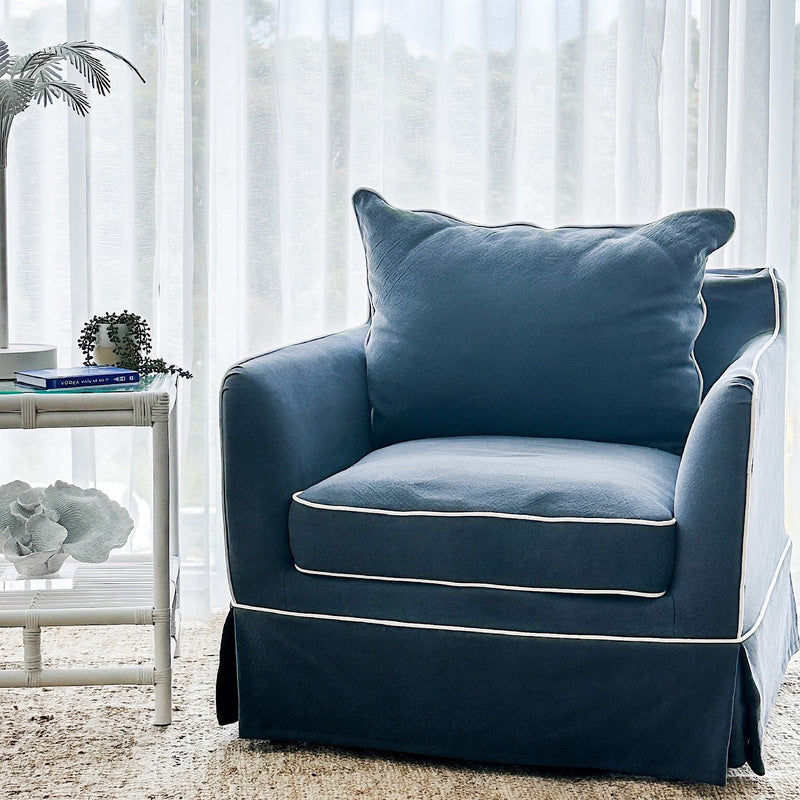 Florabelle Living Armchairs Noosa Hamptons Armchair Navy W/White Piping Linen Blend