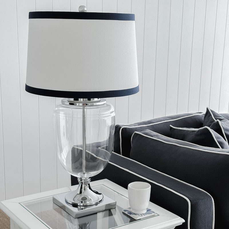 Oneworld Collection table & desk lamps Charlotte Glass and Nickel Lamp with White Linen Shade (Navy Trim)