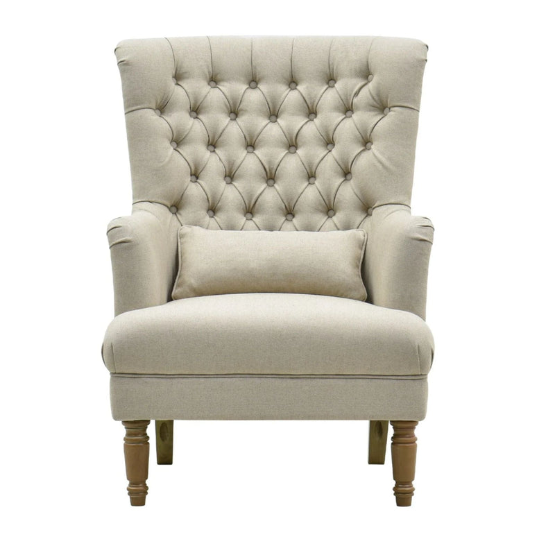 Oneworld Collection NZ Armchairs Bayside Natural Hamptons Button Tufted Winged Armchair W/Wooden Legs