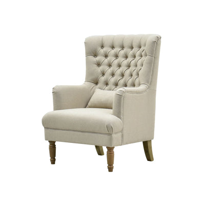 Oneworld Collection NZ Armchairs Bayside Natural Hamptons Button Tufted Winged Armchair W/Wooden Legs