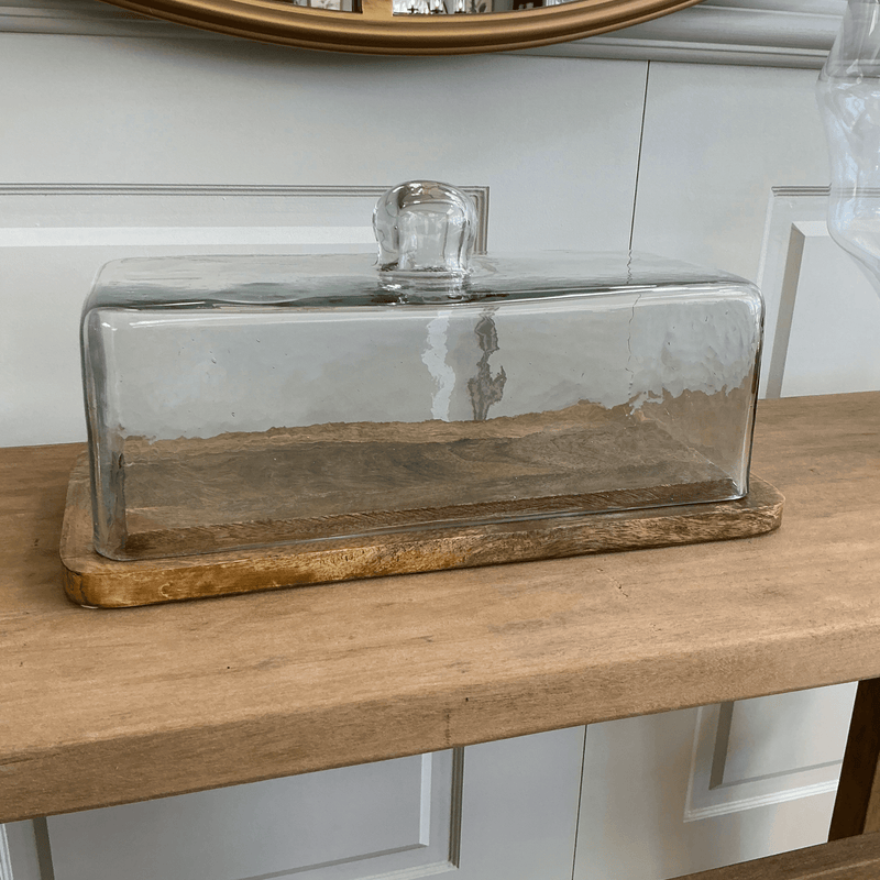 Florabelle Living Serveware Rectangular 30cm Glass Cloche with Mango Wood Base