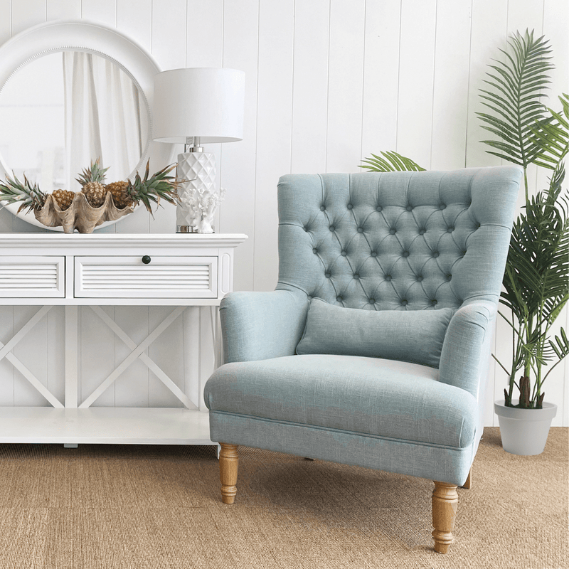 Oneworld Collection NZ Armchairs Bayside Pistachio Hamptons Button Tufted Winged Armchair W/Wooden Legs