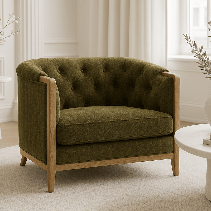 Oneworld Collection NZ Armchairs Louis Green Armchair with Washed Oak Frame