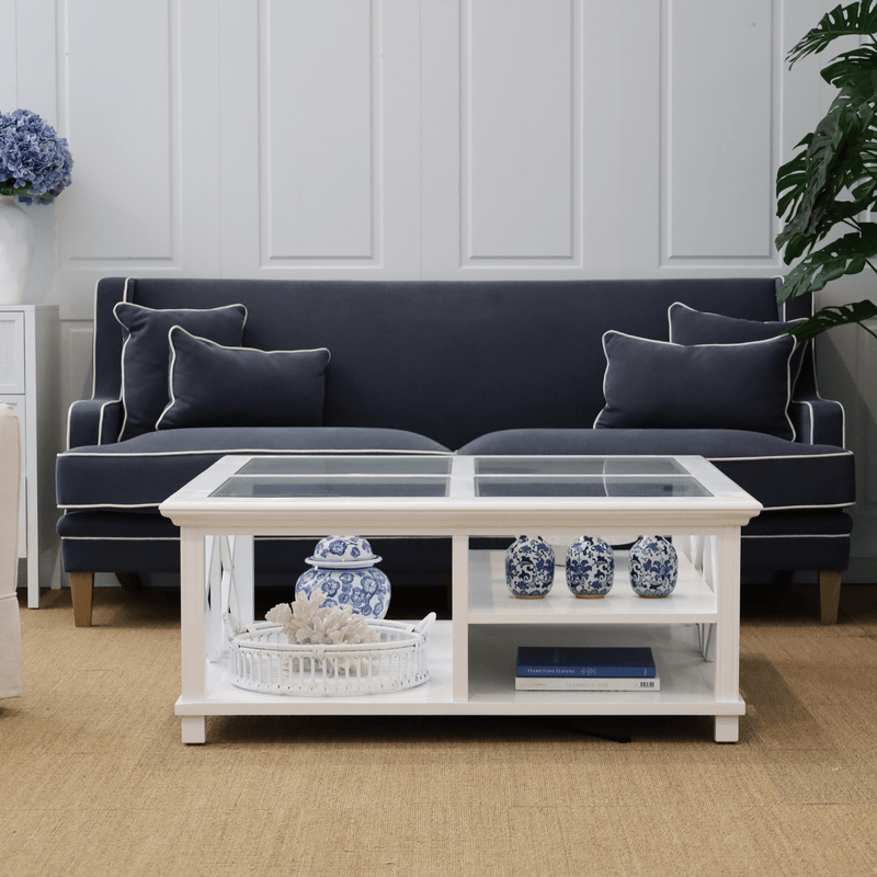 Oneworld Collection 3 Seat Bondi Hamptons 3 Seat Sofa Navy W/White Piping Linen Blend