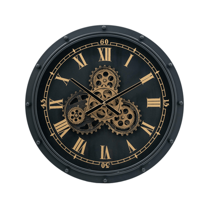 Oneworld Collection NZ Clocks Gears Wall Clock Black with Gold Roman Numerals