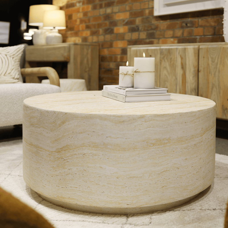 Robert Mark Limited Coffee Tables Lulu Round Coffee Table - Travertine Look - 90cm x 40cm