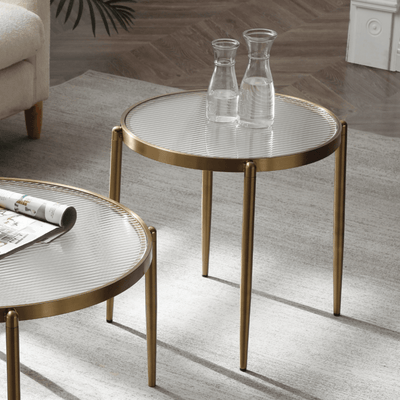 Seek & Ramble Side Table Gatsby 48cm Round Side Table Fluted Glass Gold Metal