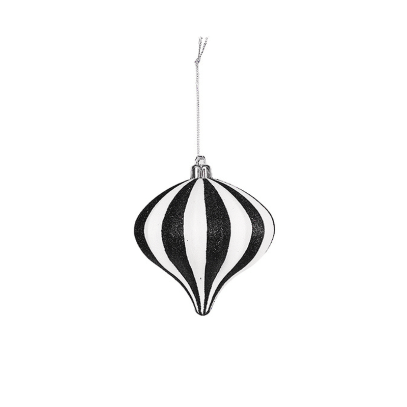Flower systems Christmas Black & White Stripe Teardrop 10cm Bauble