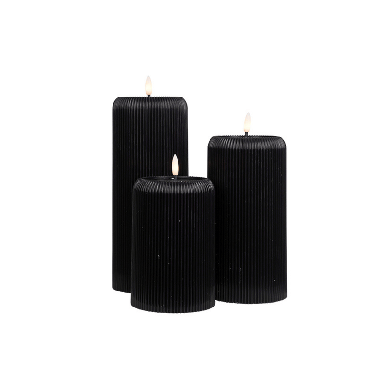 Flower systems candles Small Black LED Ribbed Pillar Candle