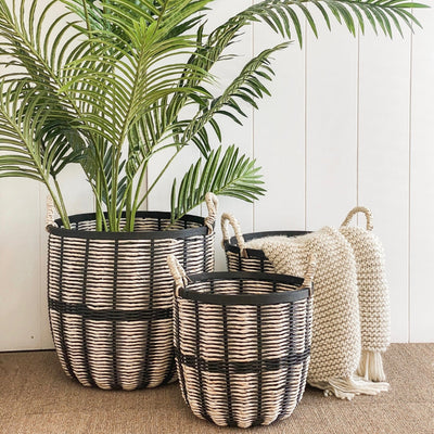 Oneworld Collection baskets & storage Ballito Set Of Three Black And Natural Rattan Baskets