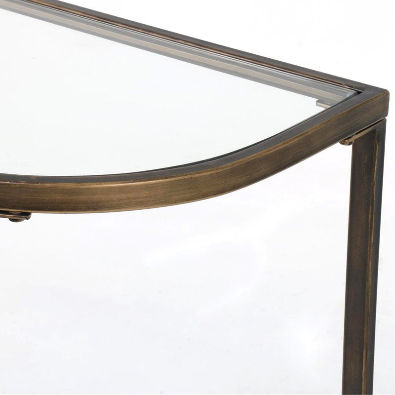 Latitude Consoles Palladium Curved Glass Console Table Brass