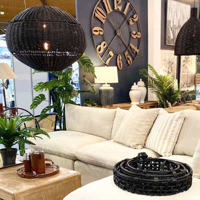Oneworld Collection hanging lights Hampton Handwoven Black Rattan Large Pendant
