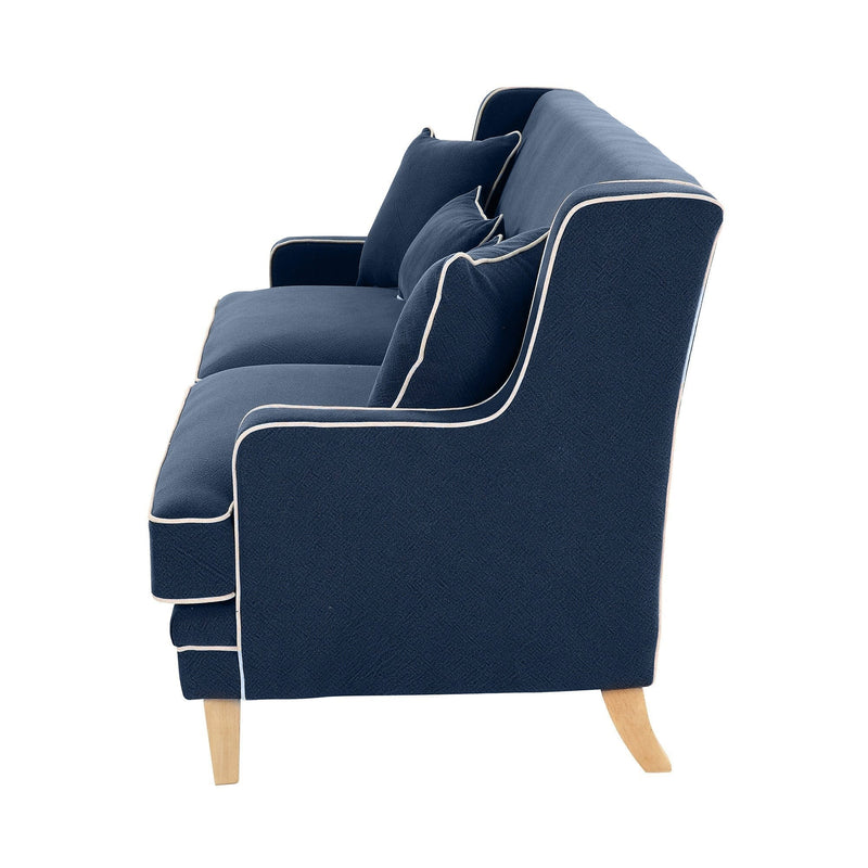 Oneworld Collection sofas Bondi 3 Seat Hamptons Sofa Navy W/White Piping Linen Blend