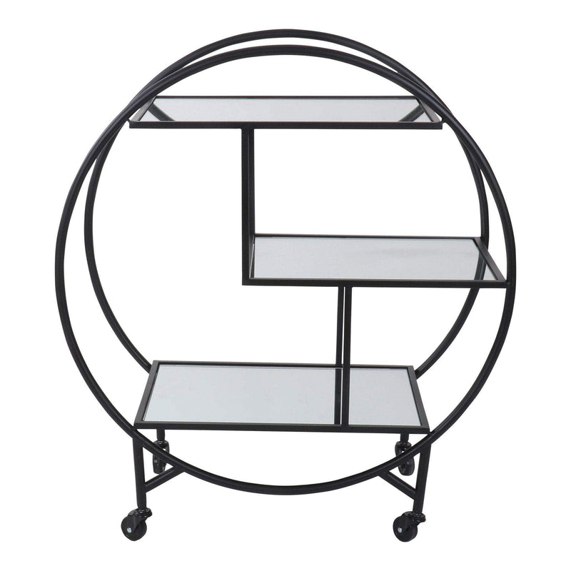 Oneworld Collection unused Black Bar Trolley Mirror Shelves