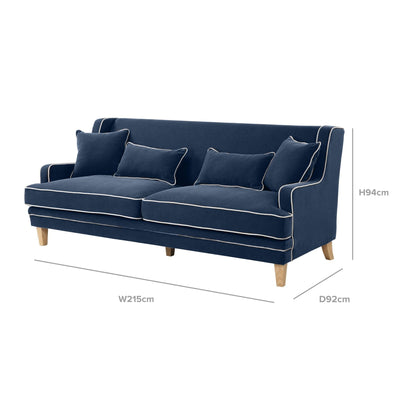 Oneworld Collection sofas Bondi 3 Seat Hamptons Sofa Navy W/White Piping Linen Blend