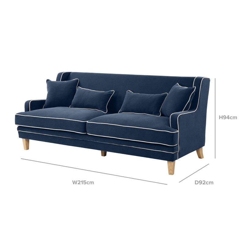 Oneworld Collection sofas Bondi 3 Seat Hamptons Sofa Navy W/White Piping Linen Blend
