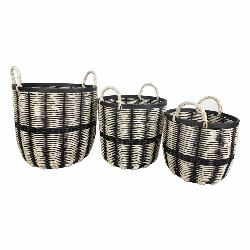 Oneworld Collection baskets & storage Ballito Set Of Three Black And Natural Rattan Baskets